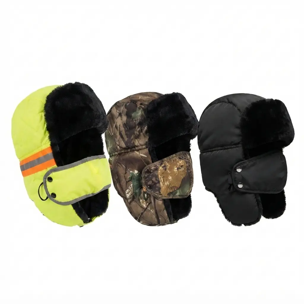 Men's Quilted Trooper Trapper Furry Hat - Faux Fur Liner, Removable Mask, Windproof, Durable, Warm Winter Outdoor Headwear for Cold Weather Hunting, Outdoor Fishing Cap