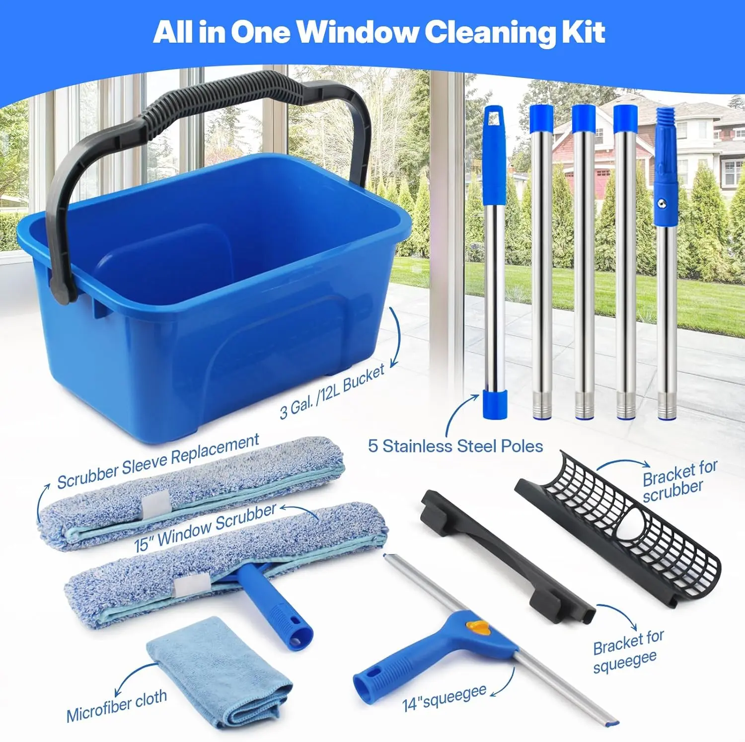 Professional Window Cleaning Kit for Home&Commercial - 76" Long Handle Squeegee, Scrubber, 3gal Bucket - Complete Car Wash Accessory for Automotive & Motorcycle Washing Maintenance