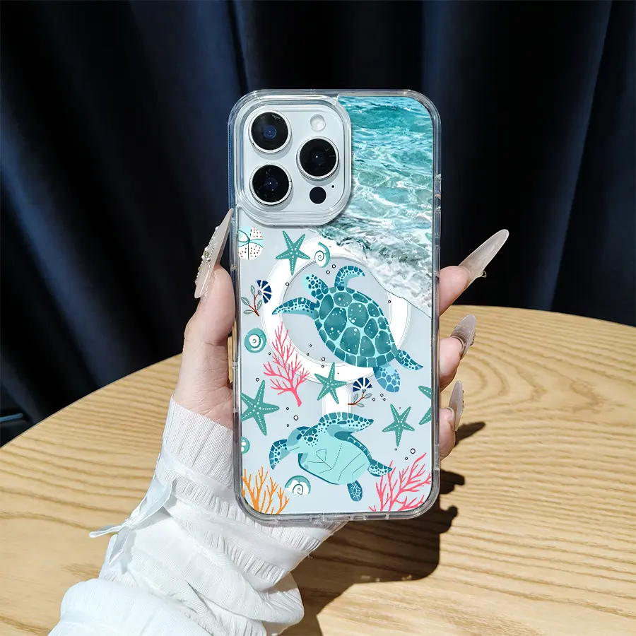 Teal Turtles Nautical Ocean Waves Magnetic Smartphone Case for iPhone 17 Pro Max 16 16e 15 14 Plus 13 12 11 Air XR X XS - Anti-Yellowing, Shockproof, Lightweight, Transparent Acrylic Large Hole Soft Protective Phone Cover, Supports Wireless Charging, Ipho