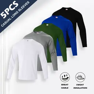 5pcs Men's Moisture-Wicking Breathable Fitness Long Sleeve T-Shirts - Soft Light Beige-Friendly Fabric, Tight-Fitting Round Neck for Running, Gym, Outdoor Sports - Year-Round Casual Wear (Black/White/Grey/Navy/Olive), Gym Clothes