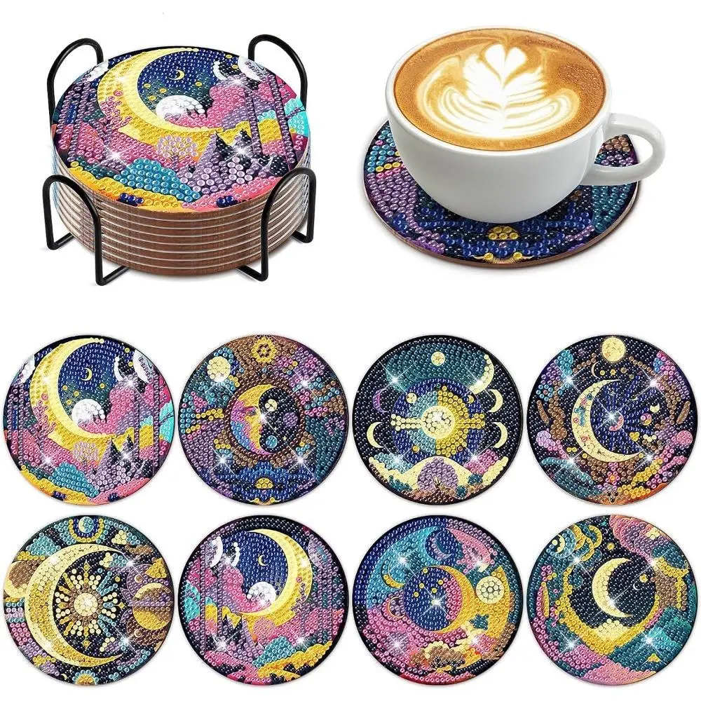 8-Pack Mystic Moon Diamond Painting Coaster Set with Stand, DIY Art Craft Kit for Beginners, Desk Coaster, Birthday Gift for Office Stationery Supplies, Coaster For Desk