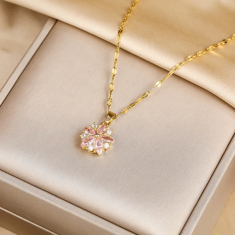 Women's Stainless Steel Cherry Blossom Pendant Necklace - 40+5cm Blush Pink Gold-Plated Clavicle Chain, Color-Retention Casual Korean Fashion Female Adult Daily Sexy Costume Jewelry Gift, Cherry Blossoms