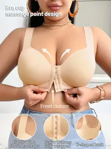 1PC Women's Plus Size Plain Front Hook Bra, Shell Pattern Patchwork Decor, One-Piece Wide Shoulder Straps, Removable Pads, No Underwire