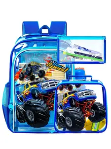Boys' Blue Monster Truck Transparent Backpack Bundle, School Bag with Lunch Box & Pen Case, Kids' School Supplies Set