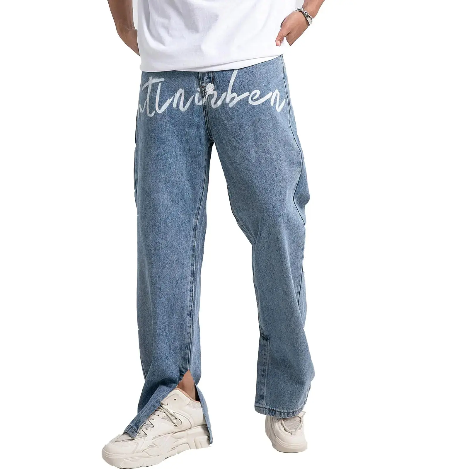 Womens Baggy Jean Vintage Alphabet Print Jeans Flare Leg Ripped Frayed Split Hem Denim Pants Baby-Blue