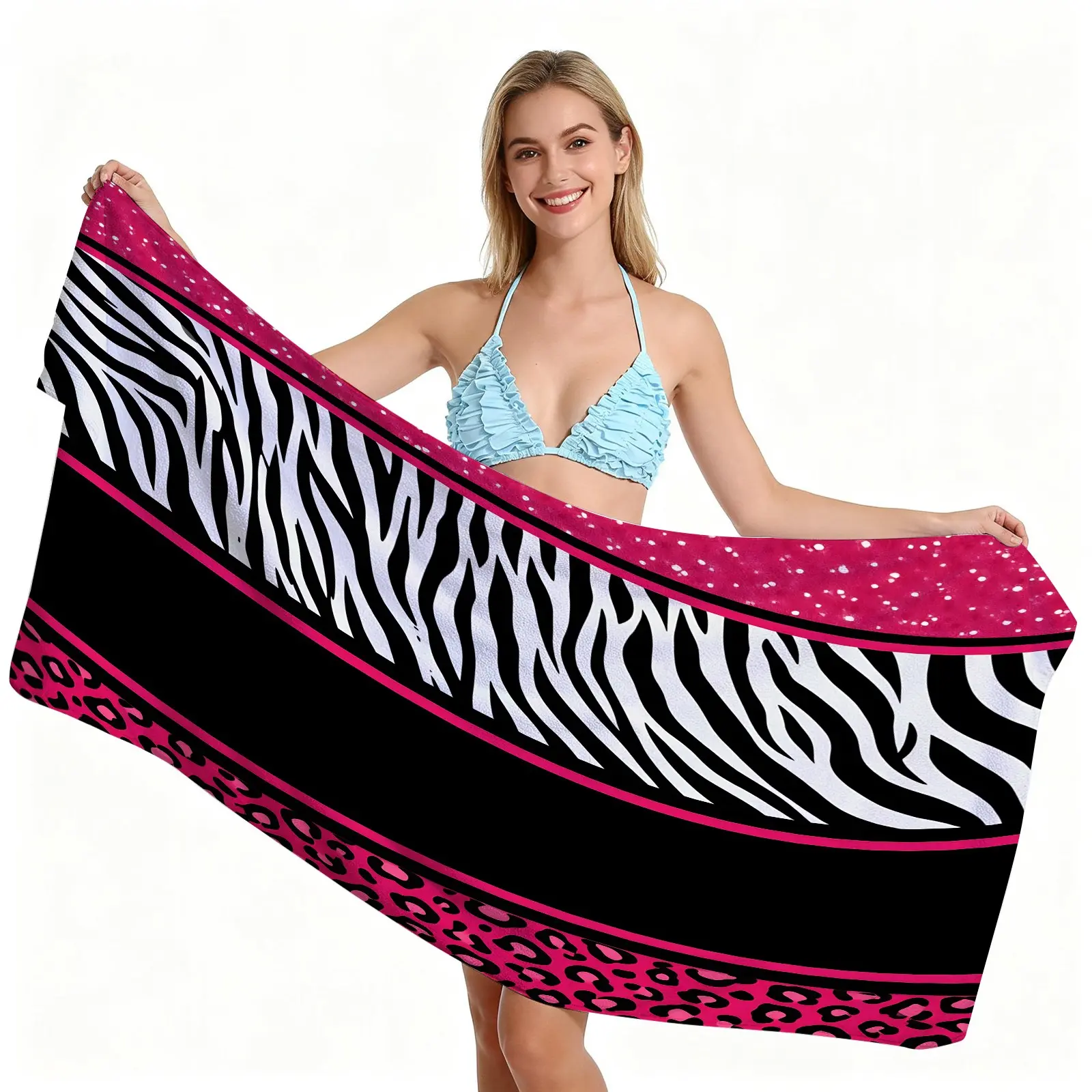 High Contrast Black Pink Patchwork Beach Towel, Animal Print Edgy Print, Quick Dry Water Absorbent No Fading, Ideal for Summer Music Festival Beach Leisure Use
