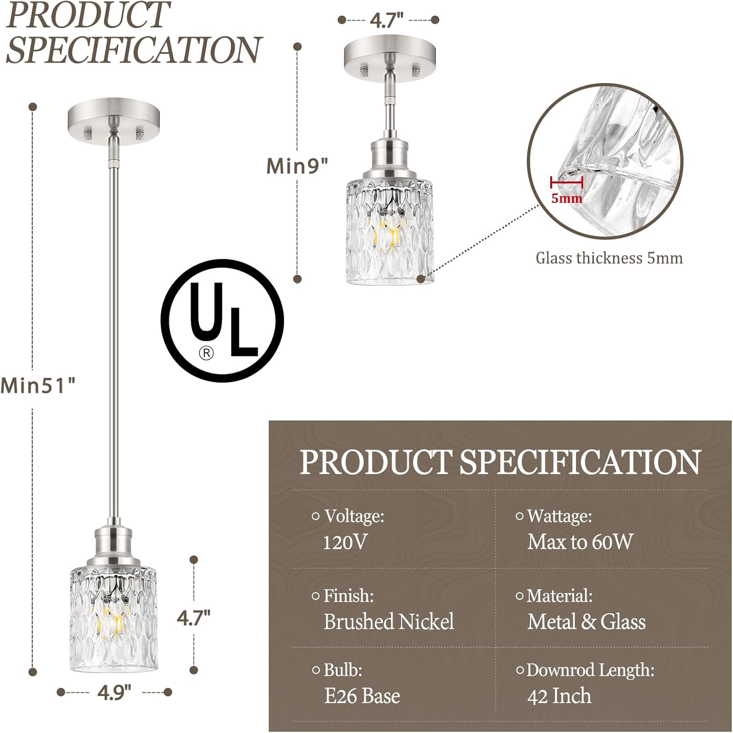 Glass Pendant Lights Kitchen Island, 1-Light Modern Brushed Nickel Mini Pendant with Drum Glass & Rods, Mini Hanging Light for Kitchen Sink Dining Room Bathroom         ？ ？