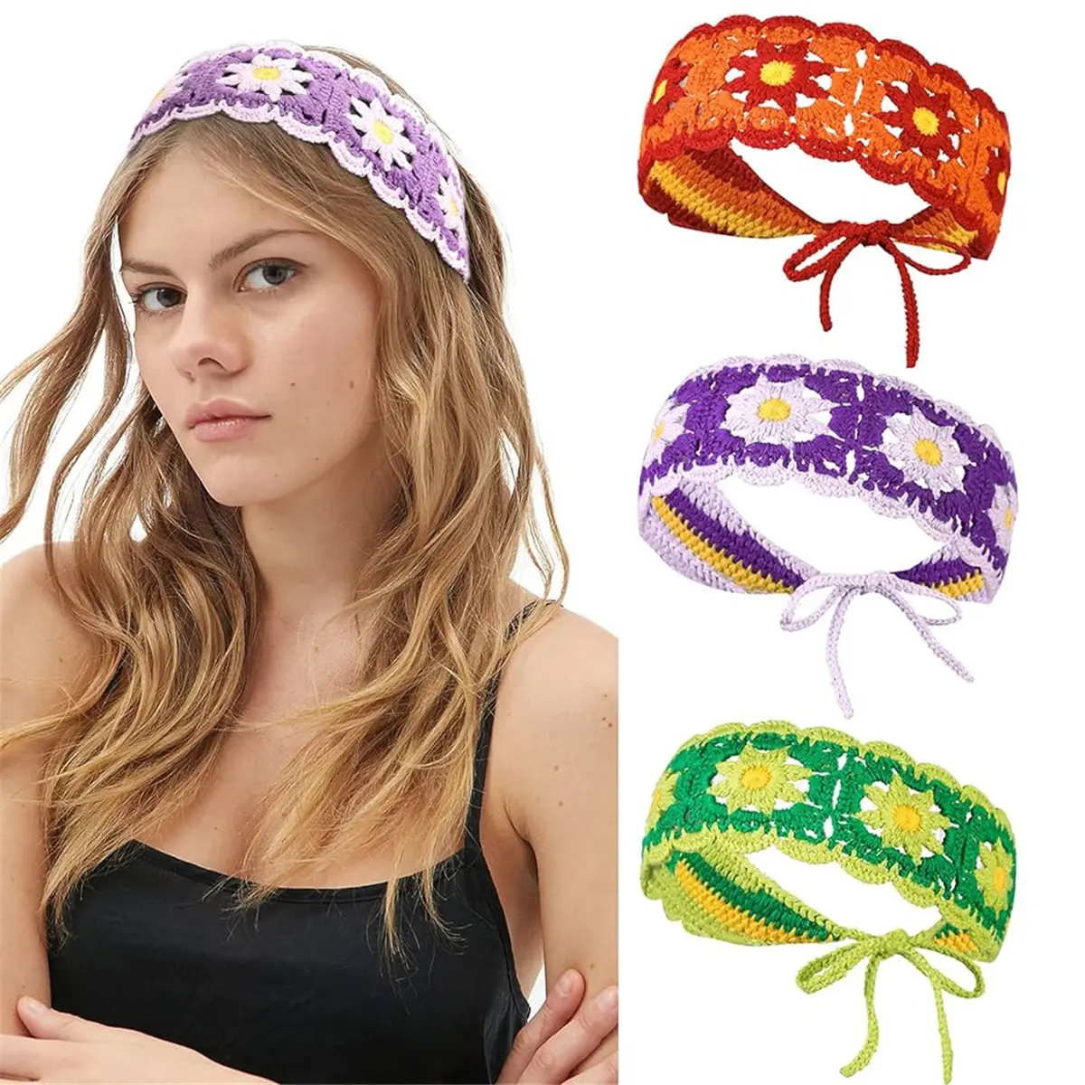 Women's 3-Piece Knitted Floral Headband Set - Handmade Daisy Crown, Bohemian Crochet Boho Hair Accessories for Daily Use, Engagement, Anniversary, Ceremony Flowers, Daily Wear, Handmade Knit, Woolen Yarn