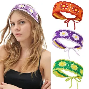 3-Piece Knitted Floral Headband Set, Female Handmade Daisy Fashion Hair Wraps, Bohemian Crochet Hair Accessories for Daily Use