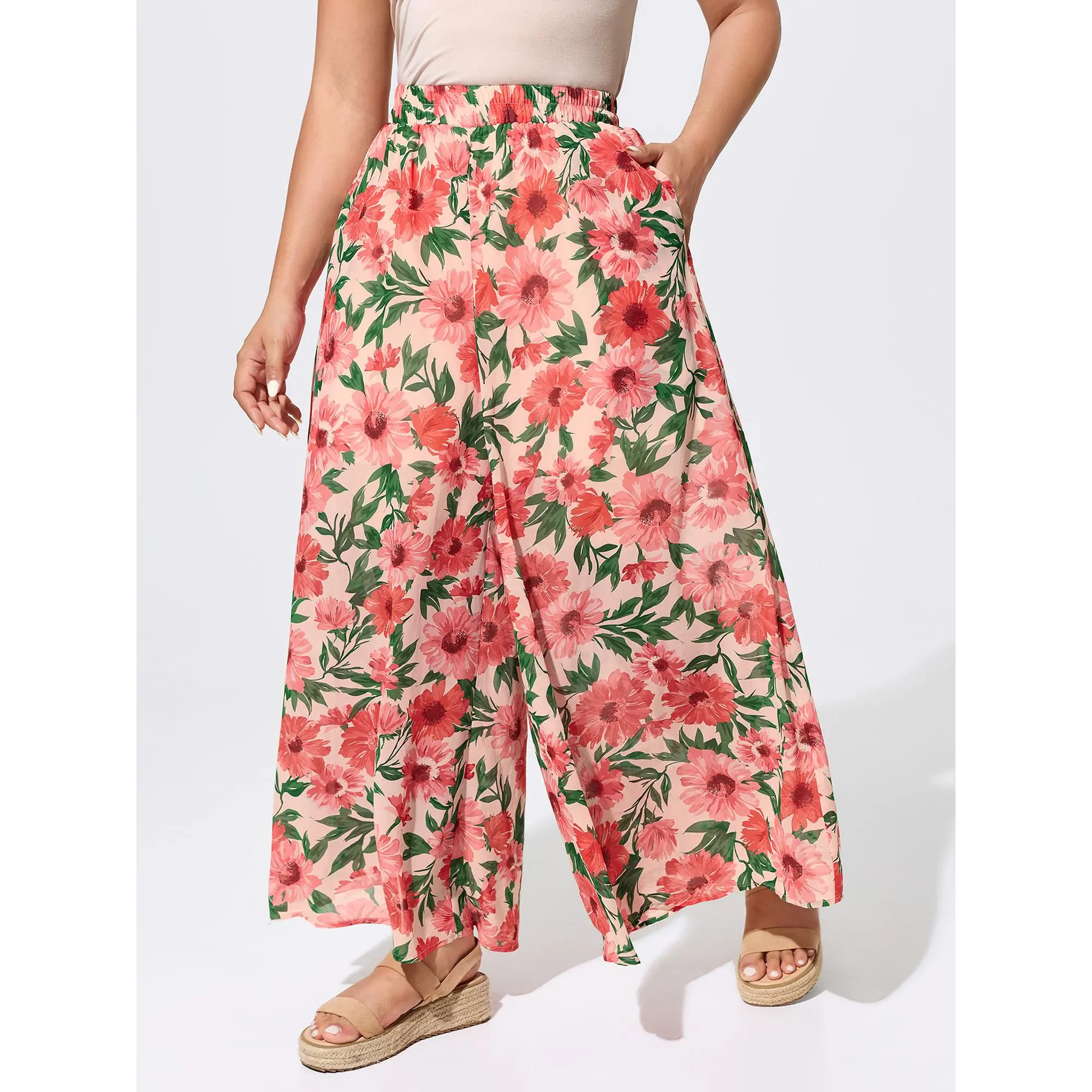 BloomChic Lady's Plus Size Summer Resort Pants, Bohemian Floral Wide-Leg Garment with a Smocked Waist, Side Splits and Pockets, Baggy, Oversized, Fabric, Trouser, Flowers, Curvy Plus Size Clothes 2026, Hippie Pants, Mid Rise, Side Pocket, Polyester Shell,