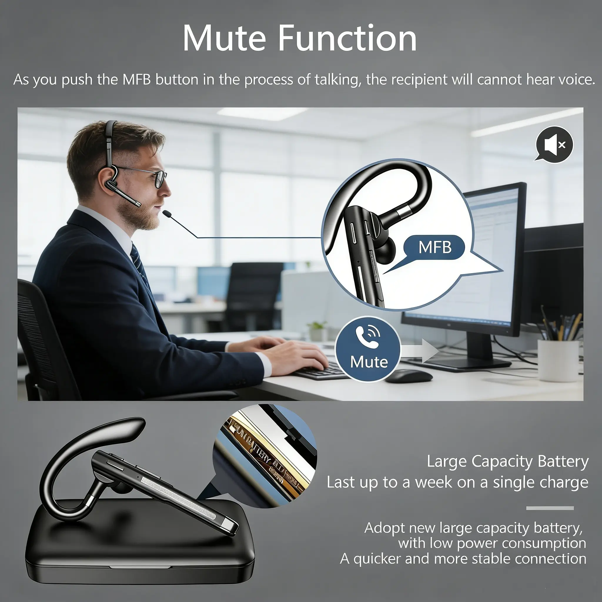 Bytewaveshop Bluetooth Headset V6.1, 100H Talk Time Single-Ear
