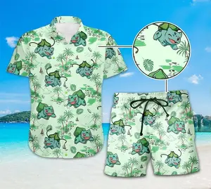 Vintage Bulbasaur PKM Anime Tropical Flower Fern Men's Hawaiian Shirt and Short Light Beer Lovers Swim Trunks, Father's Day Aloha Gift for Him, Trendy Casual Breathable Surfing Beach Shorts Swimwear Menswear