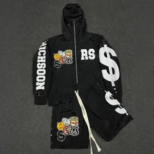 Unisex 2-Piece Retro Letter Design Hooded Outfits, 2026-2027 Stylish Loose Zipper Long Sleeve Suits, Activewear Menswear Sportswear Essential for Street Fashion Casual Wear