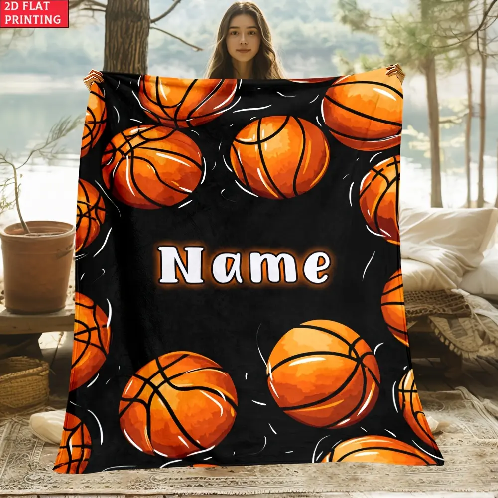 2D flat 1-piece basketball theme blanket can be customized with name printing. Portable and lightweight flannel blanket is suitable for sofas, beds, travel, camping, living rooms, offices, benches, chairs and beds