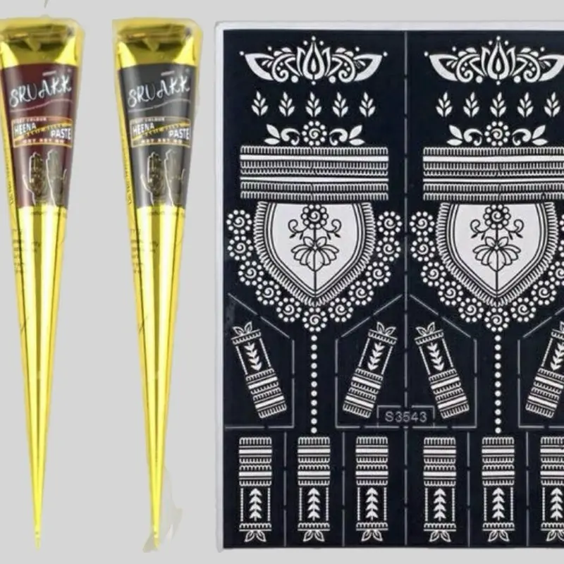 Henna Tattoo 2pcs Cone with 2 Sheets Reusable Flower Design Stencil Sticker Set Temporary Semi-Permanent Body Art Coloring for Hand Painting