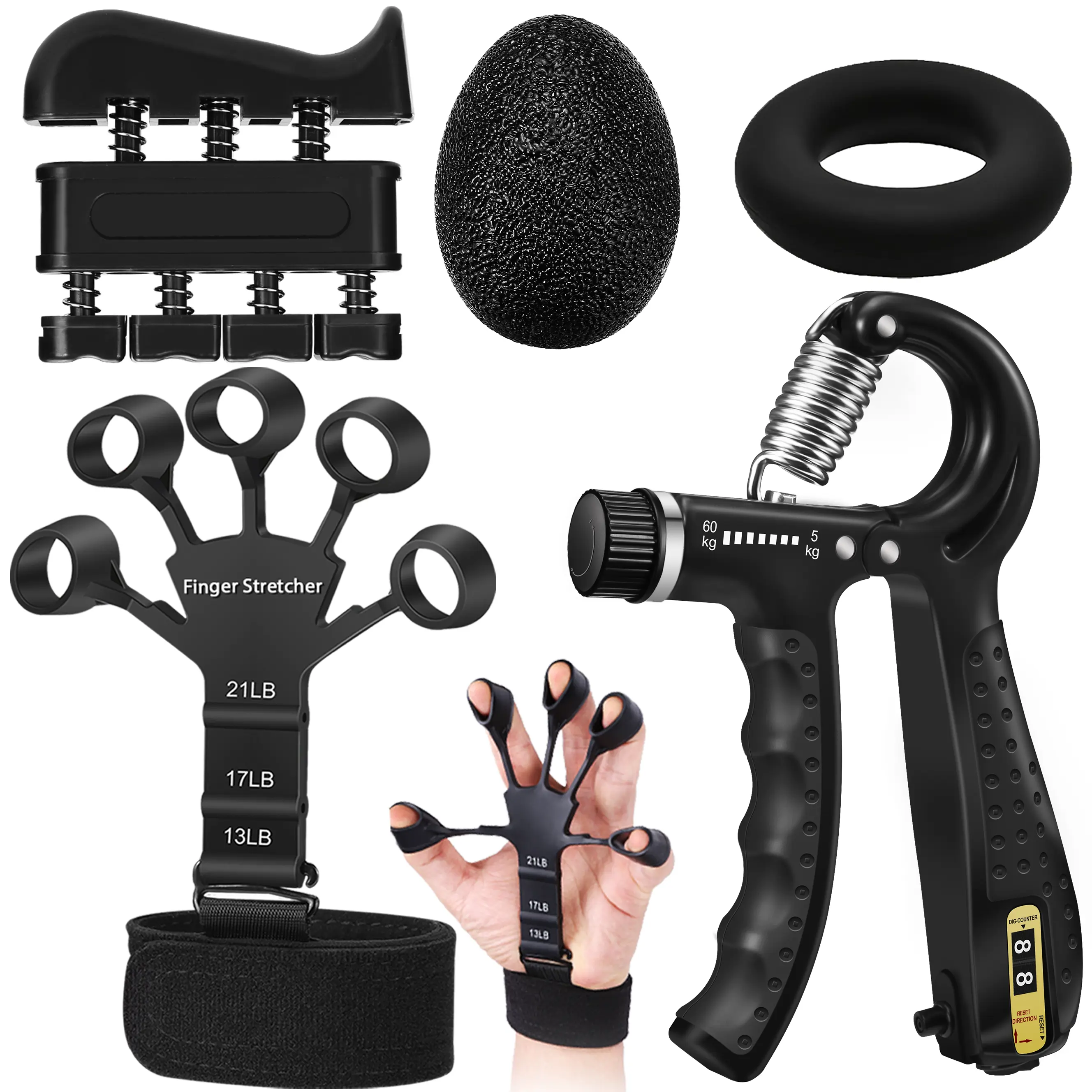 5-in-1 Adjustable Hand Grip Strengthener Kit, Hand Grip Strength Trainer with Finger Exerciser, Forearm Trainer, Stress Relief Squeeze Ball & Hand Workout Ring for Muscle Building, Hand Rehab & Fitness Training