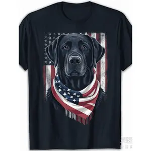 Mens and Womens Black Labrador Retriever 4th of July Heavyweight Cotton TShirt Featuring Retro American Flag Dog Lover Design with Labrador Puppy and United States Flag Print