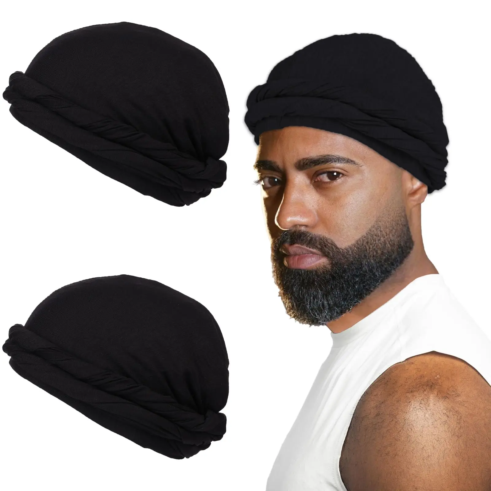 Men's Premium Pre-Tied Satin-Lined Turban Head Wraps, 2-Pack Soft Skull Cap - Sleep Bonnet, Chemo Hair Loss Cover, Pre-Tied Turban