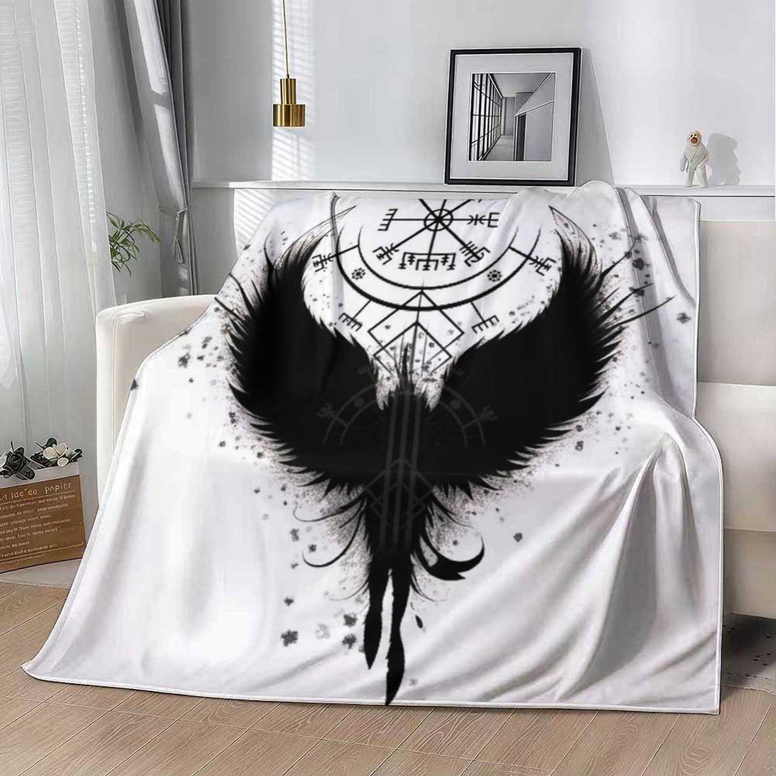 Viking Vegvisir Raven Fleece Blanket, Norse Mythology Black Crow Wings Print Soft Cozy Throw, Gothic Pagan Witchy Home Decor Gift for Couch Bed