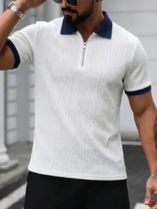Men's Summer Textured Polo Shirt, Contrast Half-Zip, Casual Style, Perfect for Daily Commute, Travel, Vacation, Urban Mature Look