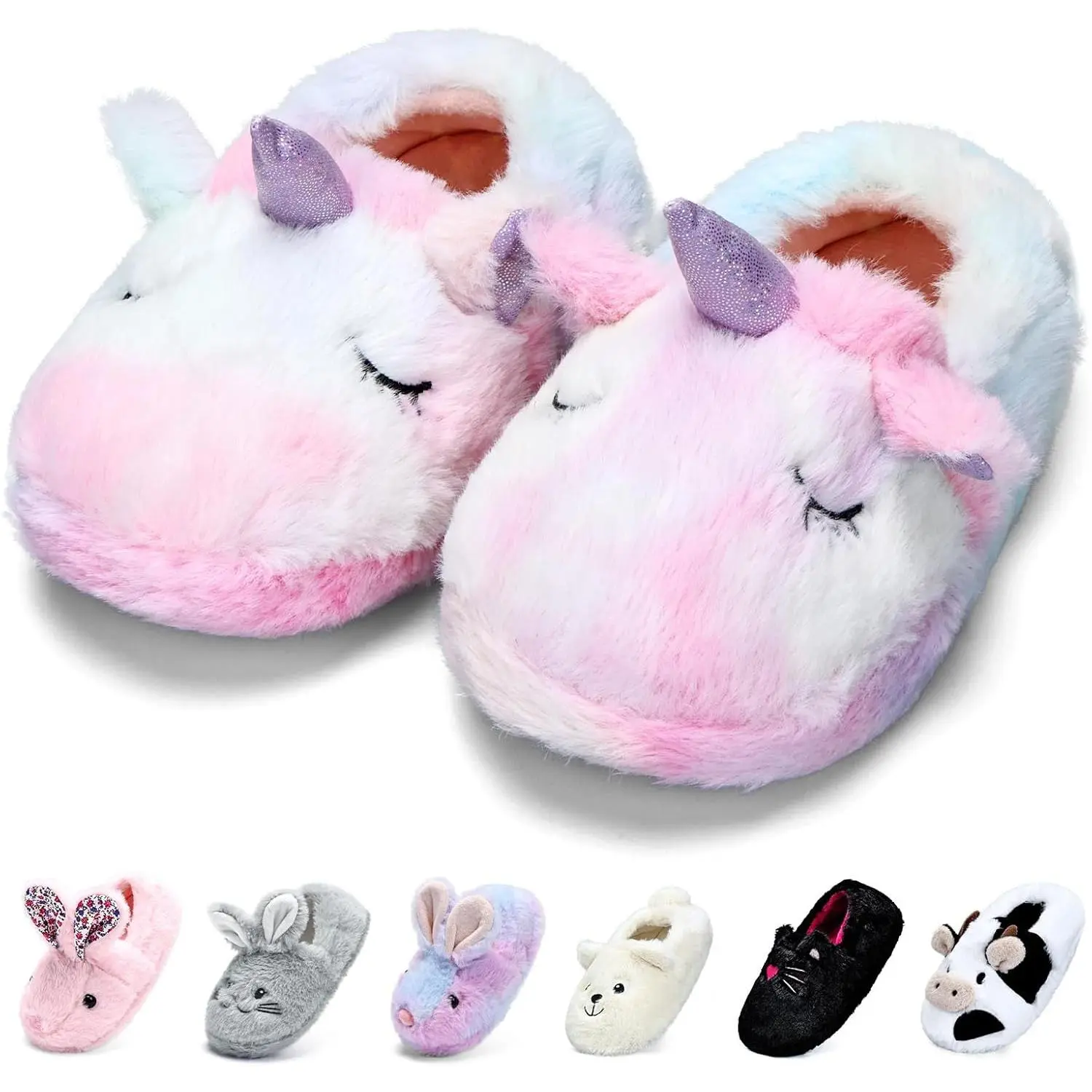 Kids' Cute Unicorn Plush Slippers, Cozy Round Toe Slip-On Shoes with Non-Slip Dot Sole for Indoor Party & Bedroom Wear, Low Heels, 10 - 11 Years, Easy Slip-On
