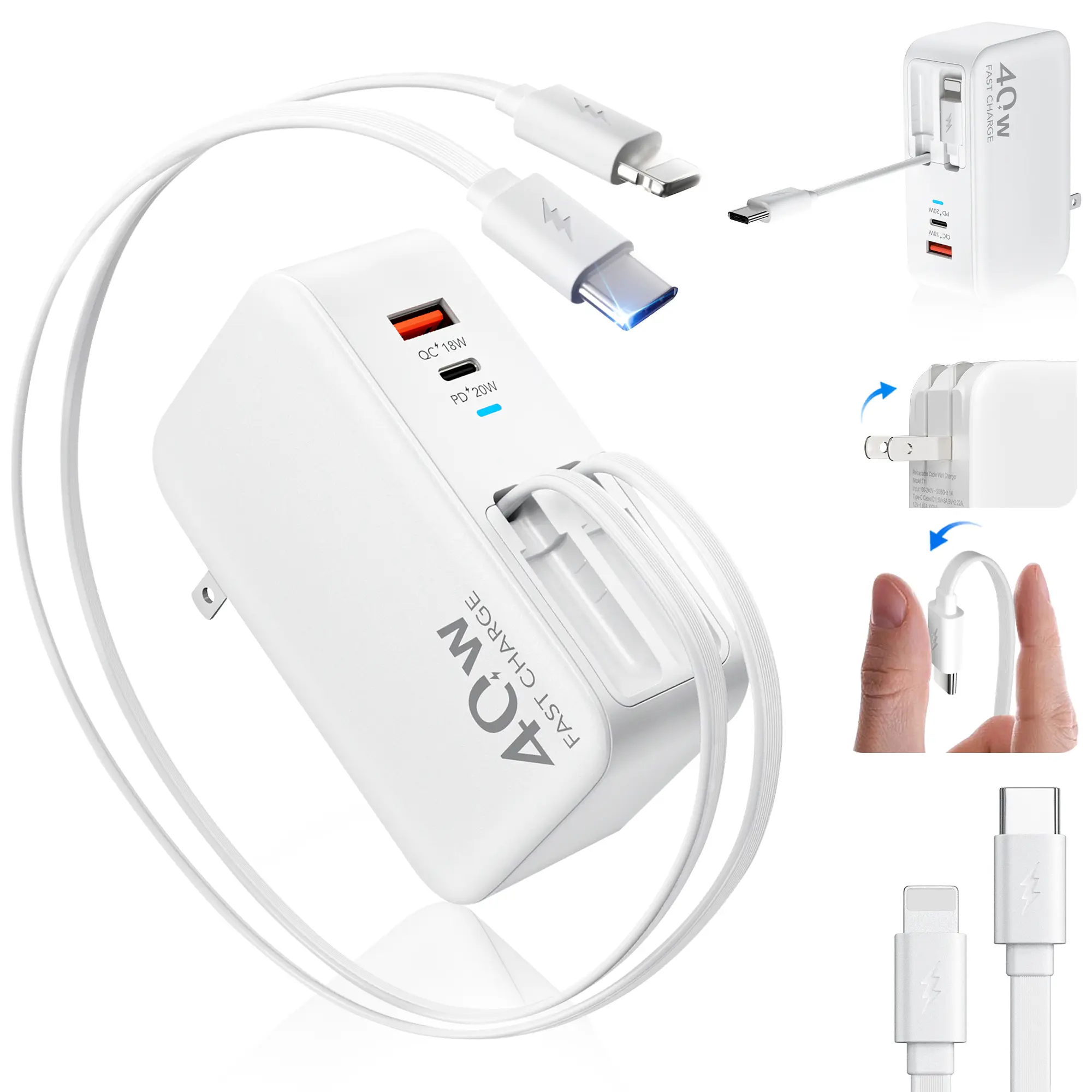 SPGUARD 4-in-1 Retractable 78W MAX Fast Charging Folding Plug Adapter - Foldable Block, Dual USB Ports, 90cm Lightning & Type-C Cables, Compatible with iPhone 17/16/15, iPad, Galaxy, Pixel & More Smartphones