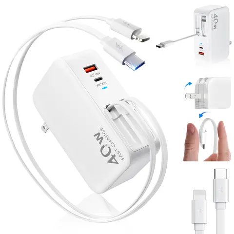SPGUARD Versatile Mobile Charger - 78W MAX Fast Retractable 4-in-1 Adapter, Folding Plug, Dual USB Ports, 90cm Lightning-Type-C Cables, Overheat Protection, AC Power Supply for iPhone, Smartphone, Cellphone, Android (Compatibility for Multiple Devices)