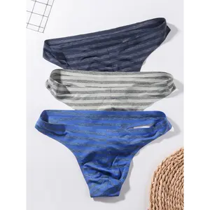 3-Pack Women's No Show Thong Underwear - Striped Pattern, Polyamide Medium Stretch Fabric - Daily & Casual Wear | Machine Wash, No Lining | Smooth Texture, 180gsm