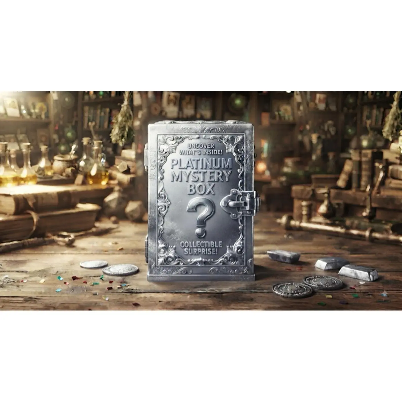 Platinum Mystery Box - Collectible Surprise with Coins and Decorative Elements