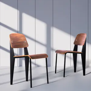 Jean Prouve Standard Dining Chairs, Vintage Wood Metal Home Kitchen Breakfast Cafe Chairs, Backrest Stool, Study Chair, Modern Commercial Conference Restaurant Chairs, Walnut Seat-2-Pcs Set