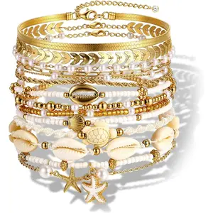 Boho Gold Beaded Bracelets for Women, Starfish & Shell Pendant Bracelet Stack, Gold Bracelet Set Summer Beach Jewelry Gifts-USA
