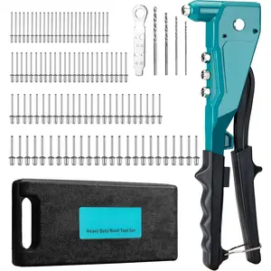 Heavy Duty Rivet Gun, Pop Rivet Gun Set, Professional Hand Riveter, Manual Riveting Tool with 110Pcs Rivets and 4 Interchangeable Heads, for Metal, Wood and Plastic