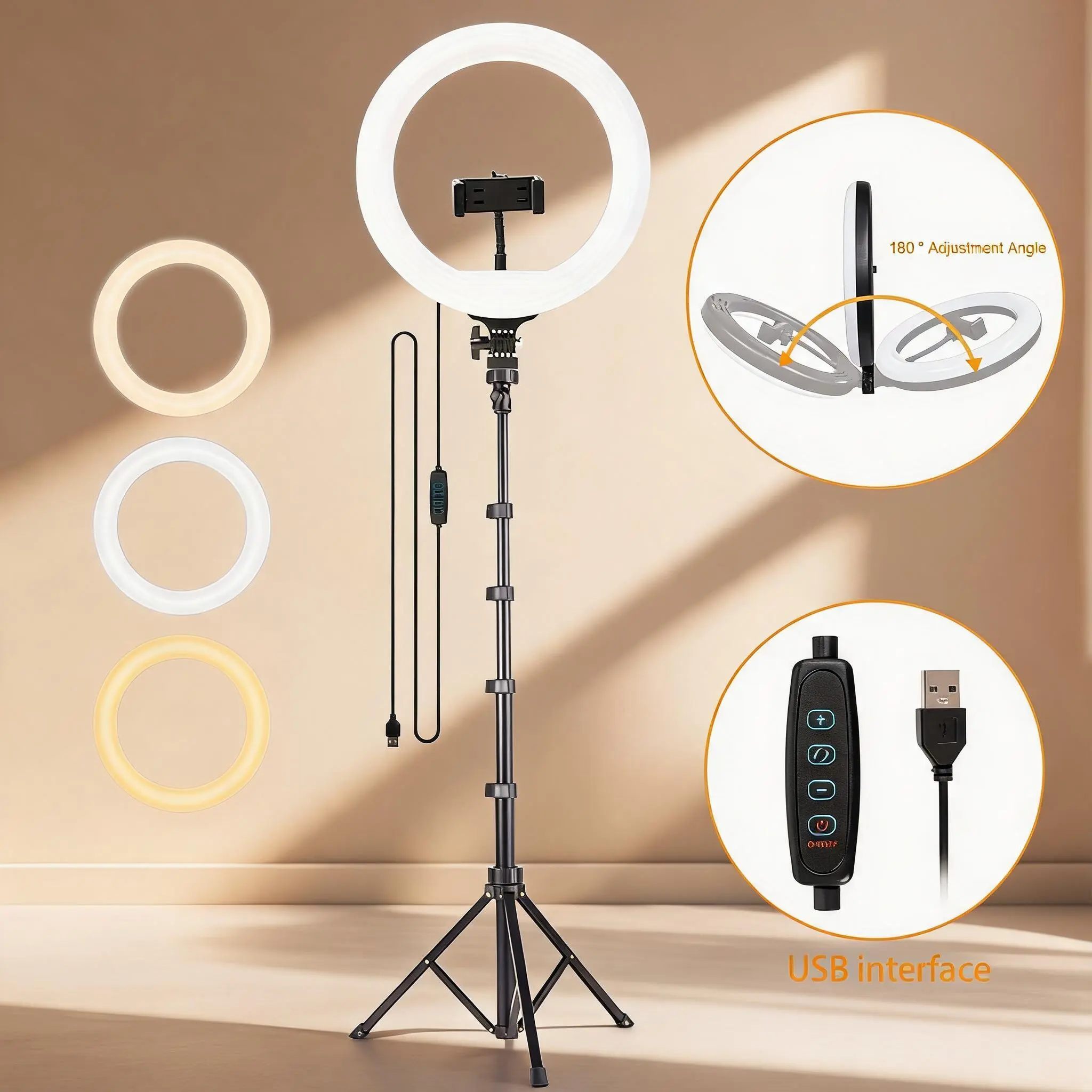 10" Aluminium LED Selfie Ring Light with 10-Level Dimming, 64" Extendable Adjustable Tripod Stand, Universal Holder Mount, Folding Compact Design - Cellphone Accessory, LED Selfie Accessories for Content Creators, YouTube Videos