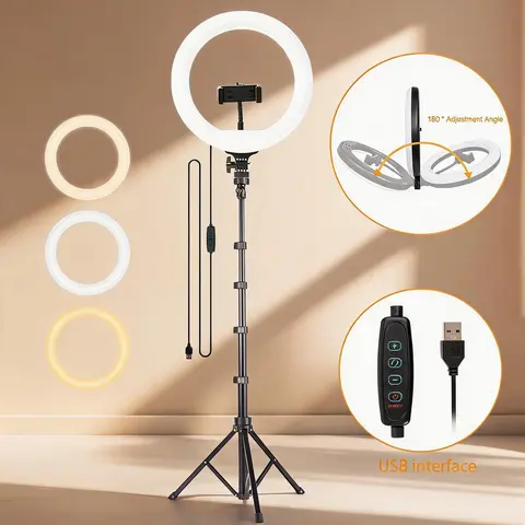 10" Aluminium LED Selfie Ring Light with 10-Level Dimming, 64" Extendable Adjustable Tripod Stand, Universal Holder Mount, Folding Compact Design - Cellphone Accessory, LED Selfie Accessories for Content Creators, YouTube Videos
