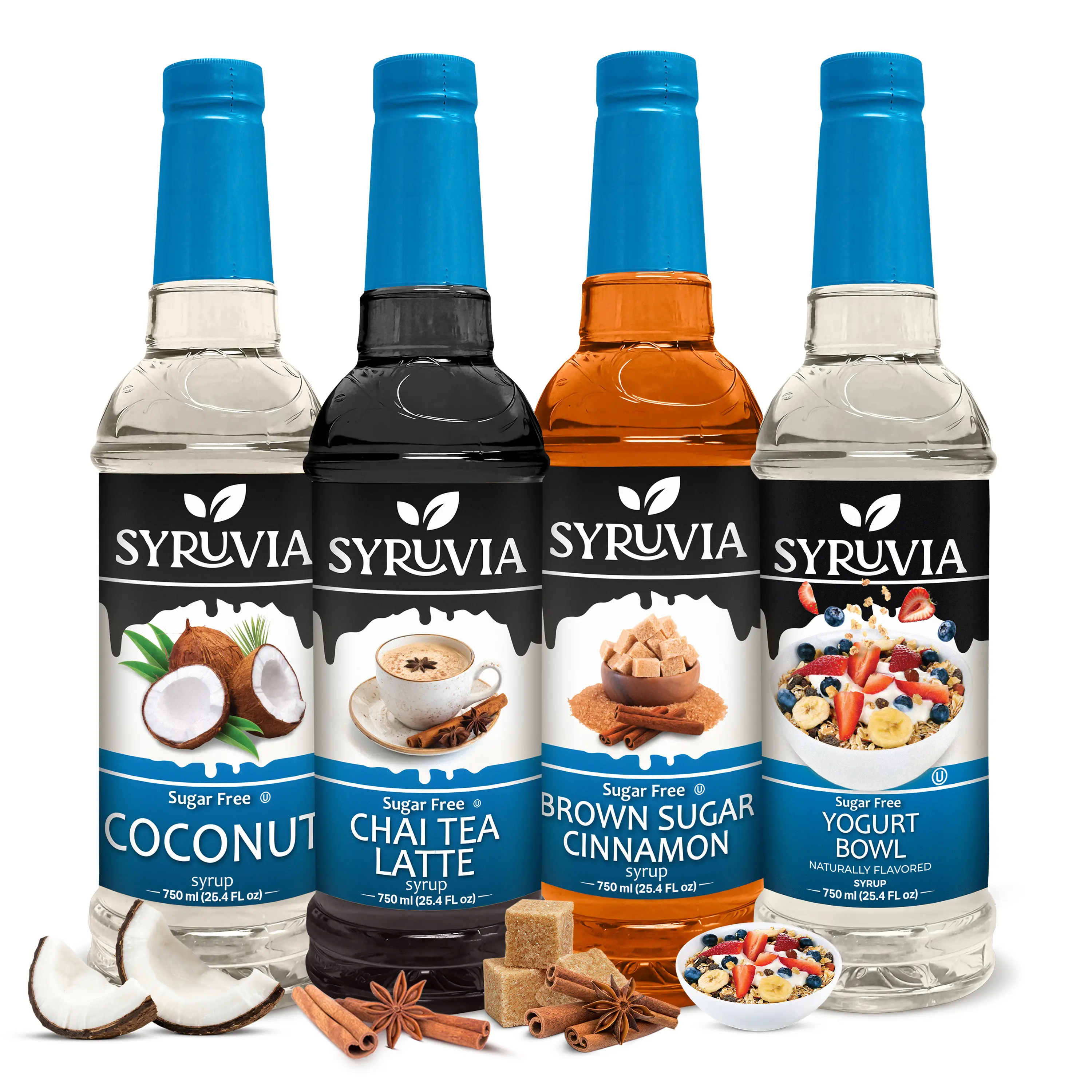 Syruvia Sugar Free Syrup Variety Pack - Coconut, Chai Tea Latte, Brown Sugar Cinnamon & Yogurt Bowl - Gluten-Free, Kosher, 25.4 fl oz Bottles - Ideal for Beverages, Coffee & More (Pack of 4)