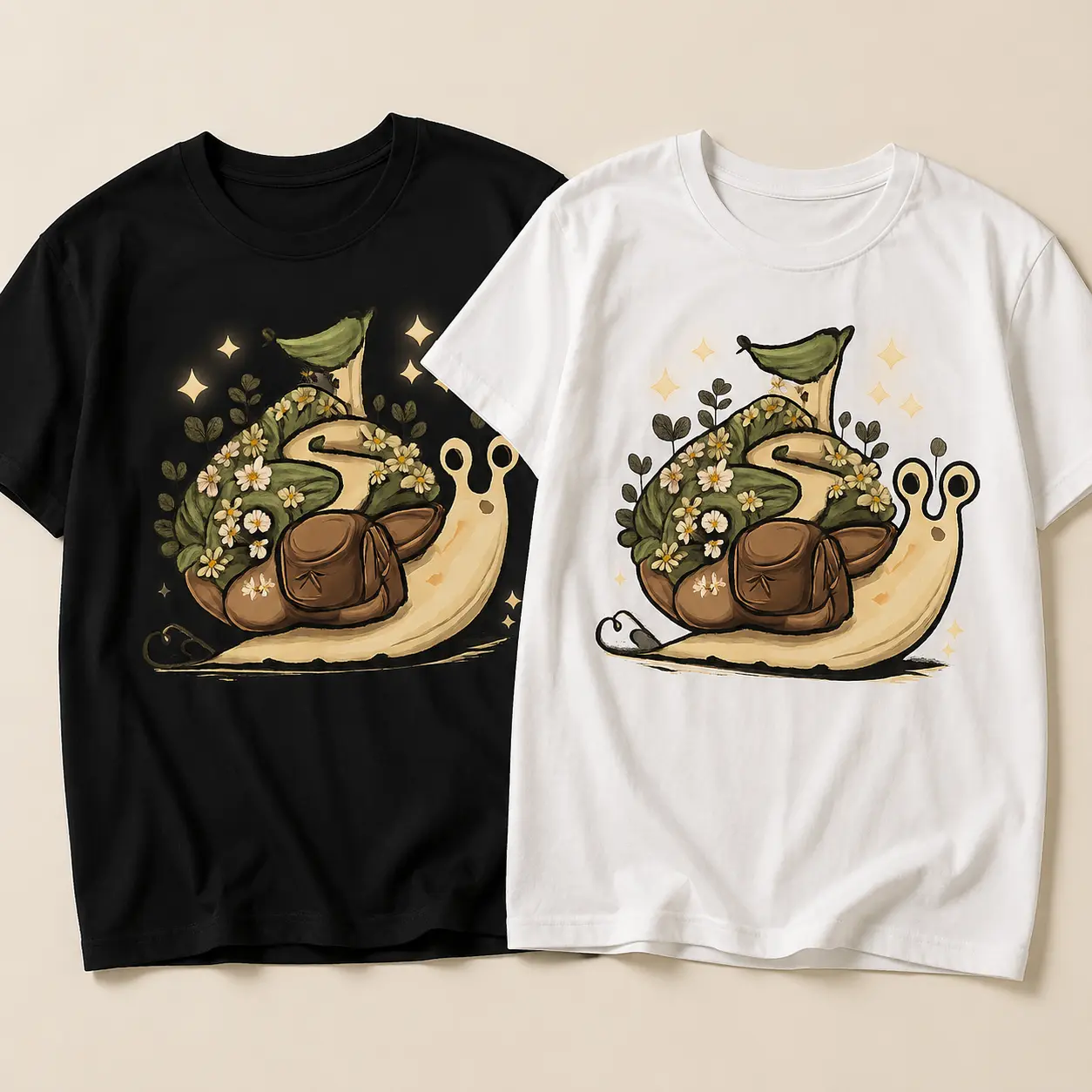 Men's Short-Sleeve Round Neck Casual T-Shirt - Tiny Garden Voyager Unisex Quirky Snail Adventure Retro Minimal Outdoor Nature Top, Shortsleeve, Tshirt, Leaf, Menswear, Small