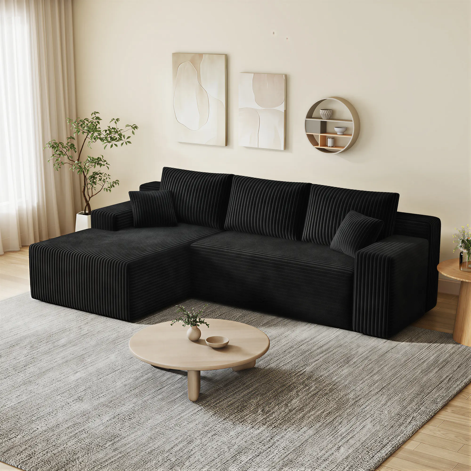 L-Shaped Corduroy Modular Sofa - Boneless Design, Memory Foam Cloud Couch with Deep Seat, No-Assembly Compression Couch for Living Room, Indoor Furniture