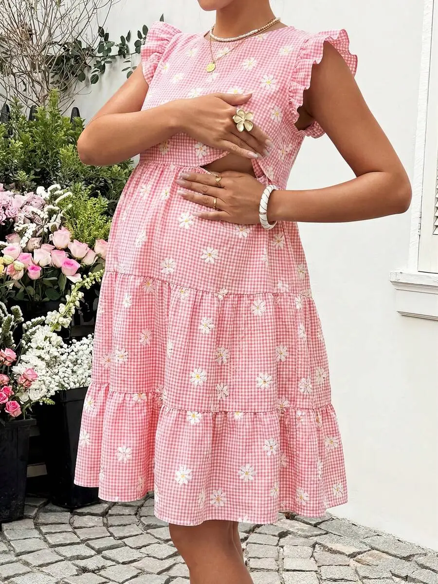 DANLIEN Maternity Summer Casual Plaid Daisy Print Nursing Dress