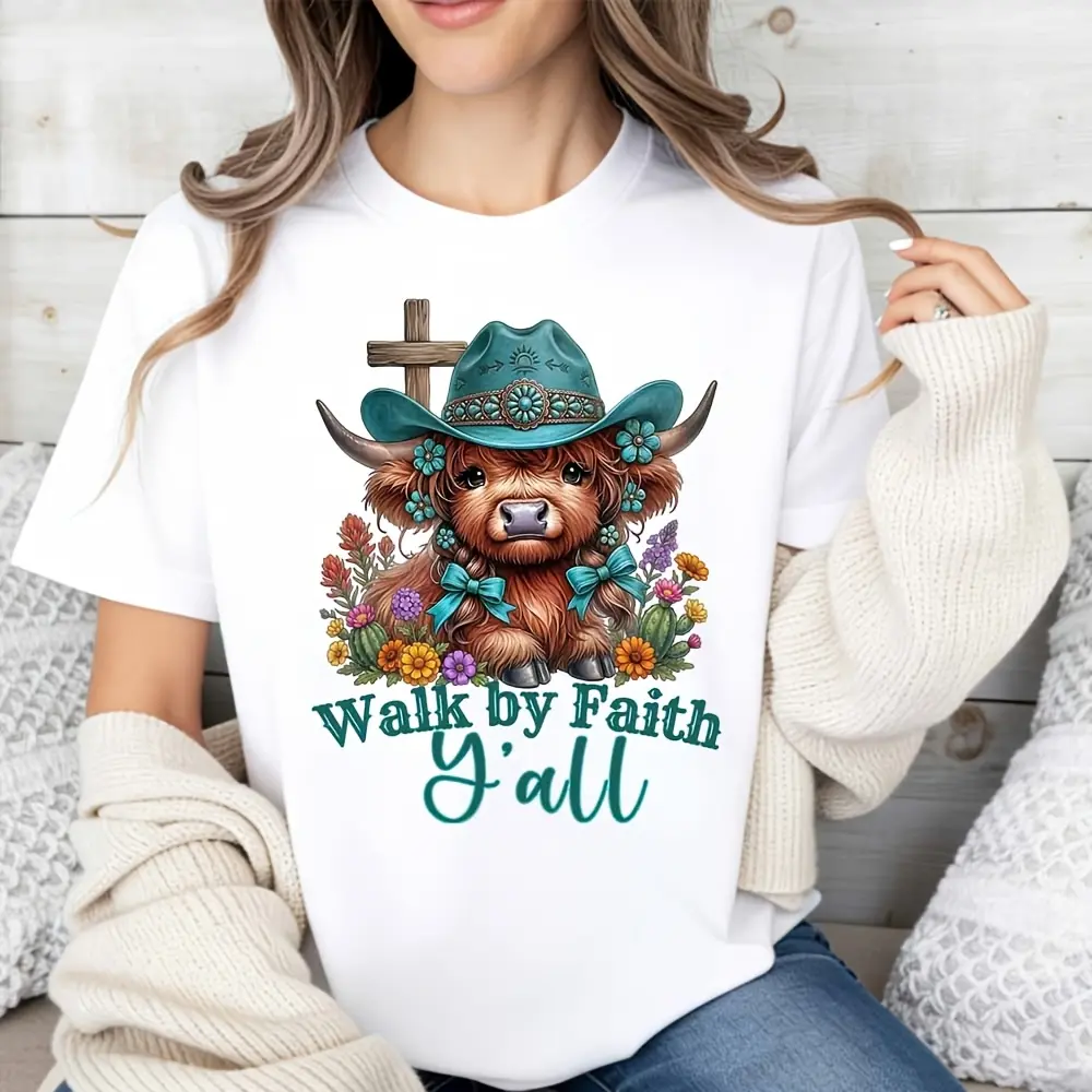 Women's Oversized Breathsable Cotton Short-Sleeve T-Shirt - Cute Highland Cow Graphic, Walk by Faith Y'all Print, Casual Summer Top, Gift for Cow Lovers, Shortsleeve, Breathable, Essential, Cow Lover Graphic