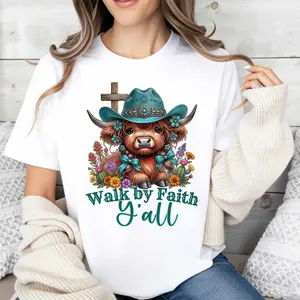 Cute Highland Cow Graphic Women's T-Shirt, Walk by Faith Y'all Print, Casual Summer Top, Gift for Cow Lovers
