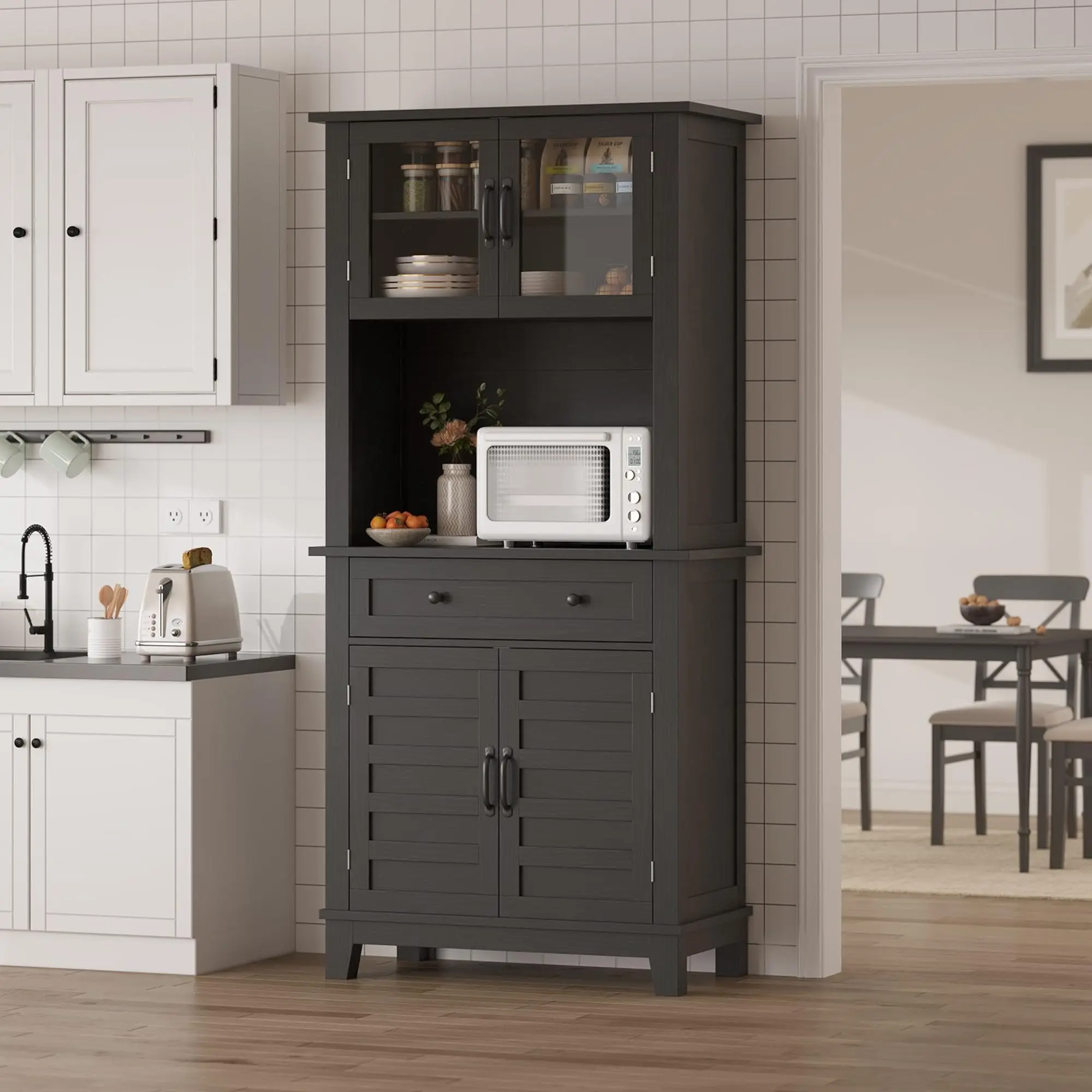 72 in Tall Kitchen Pantry Cabinet, Kitchen Hutch Bar Cabinet with Microwave Stand, Cupboard with Drawers Glass Doors for Dining Room, 32" Wide, Black