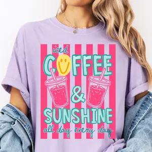Trendy Sunshine and Iced Coffee Shirt, Coffee Graphic Tee, Everyday Trendy Shirt, Summer Tee, Oversized Graphic Tee, Womens Shirt, DTG Printed In the USA