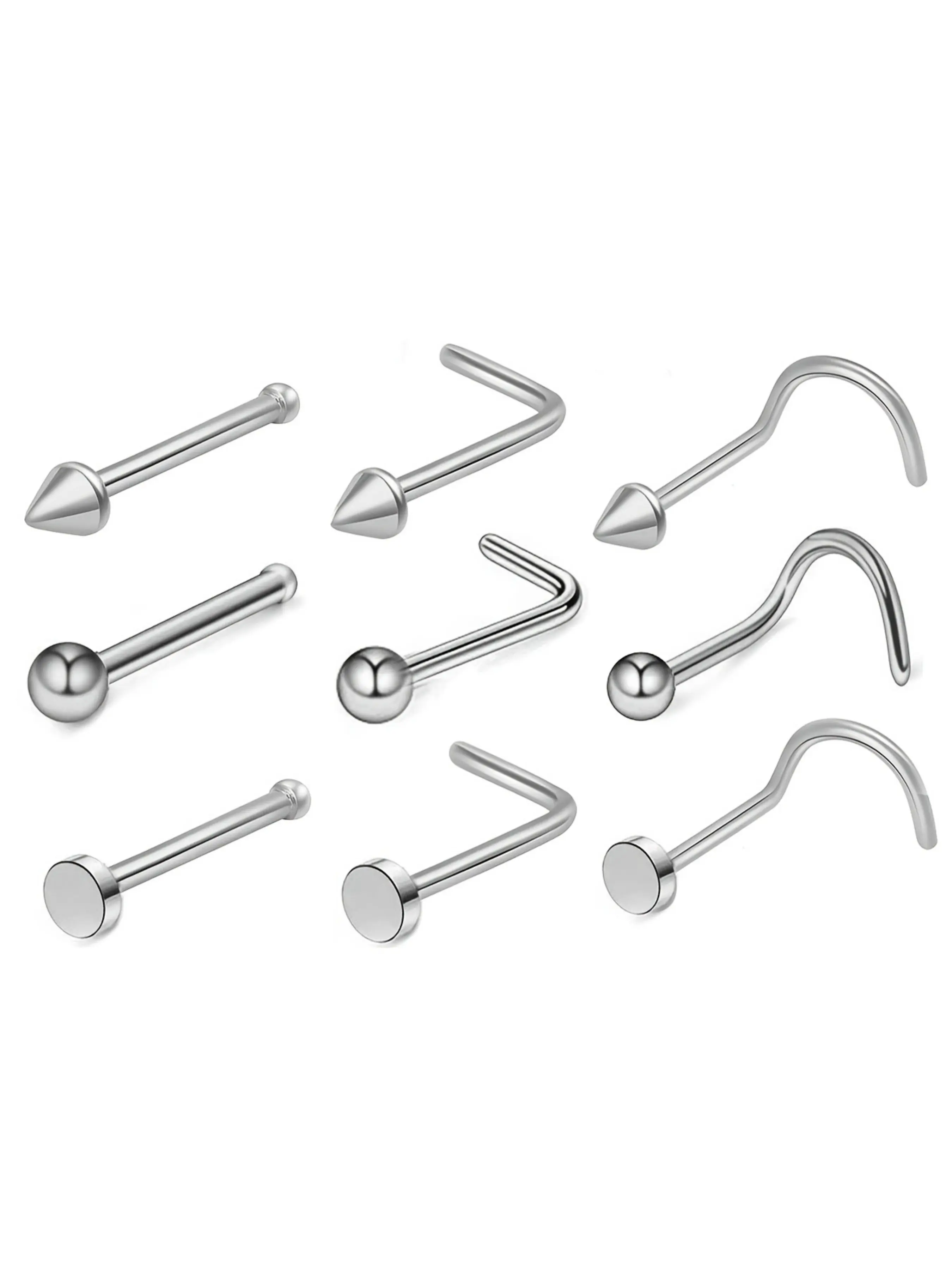 9pcs Fashion Round Ball and Round Disc Nose Rings | S and L Rods, High-Quality 316 Stainless Steel, Silver Plated, Ideal for Daily and Gift Occasions