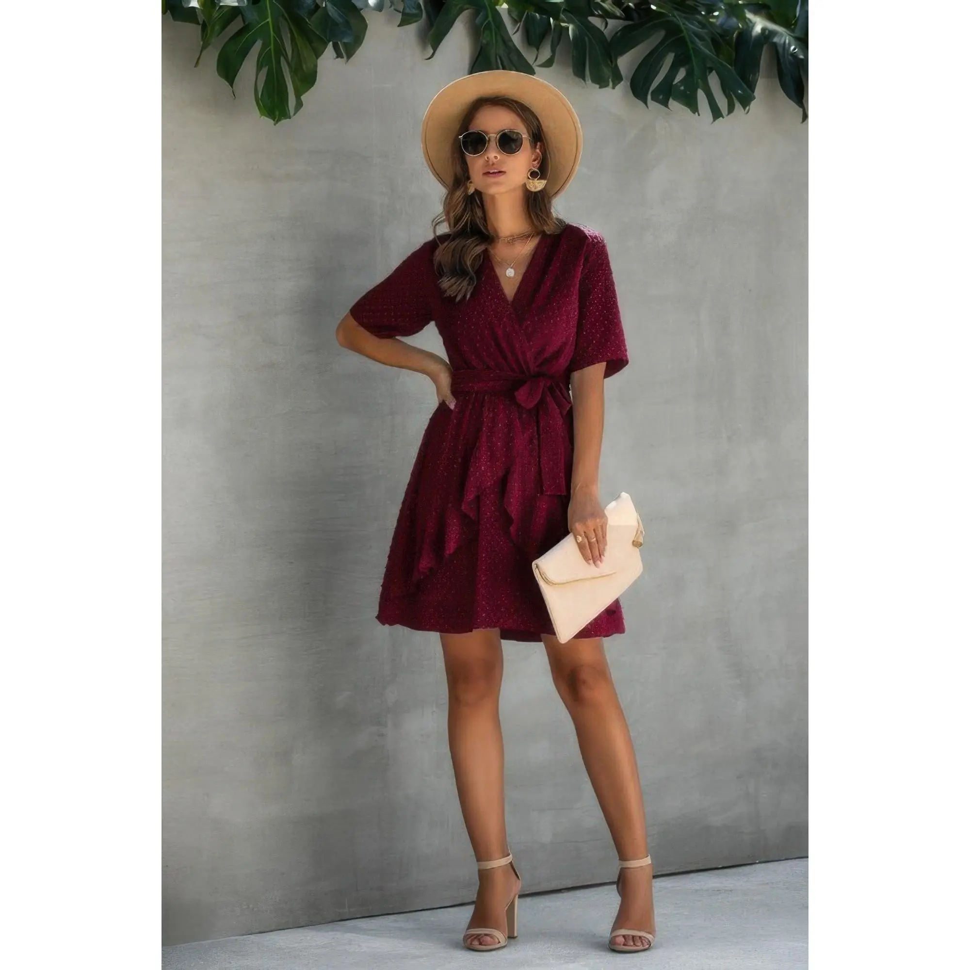 V Neck Ruffled Hem Wrap Dress