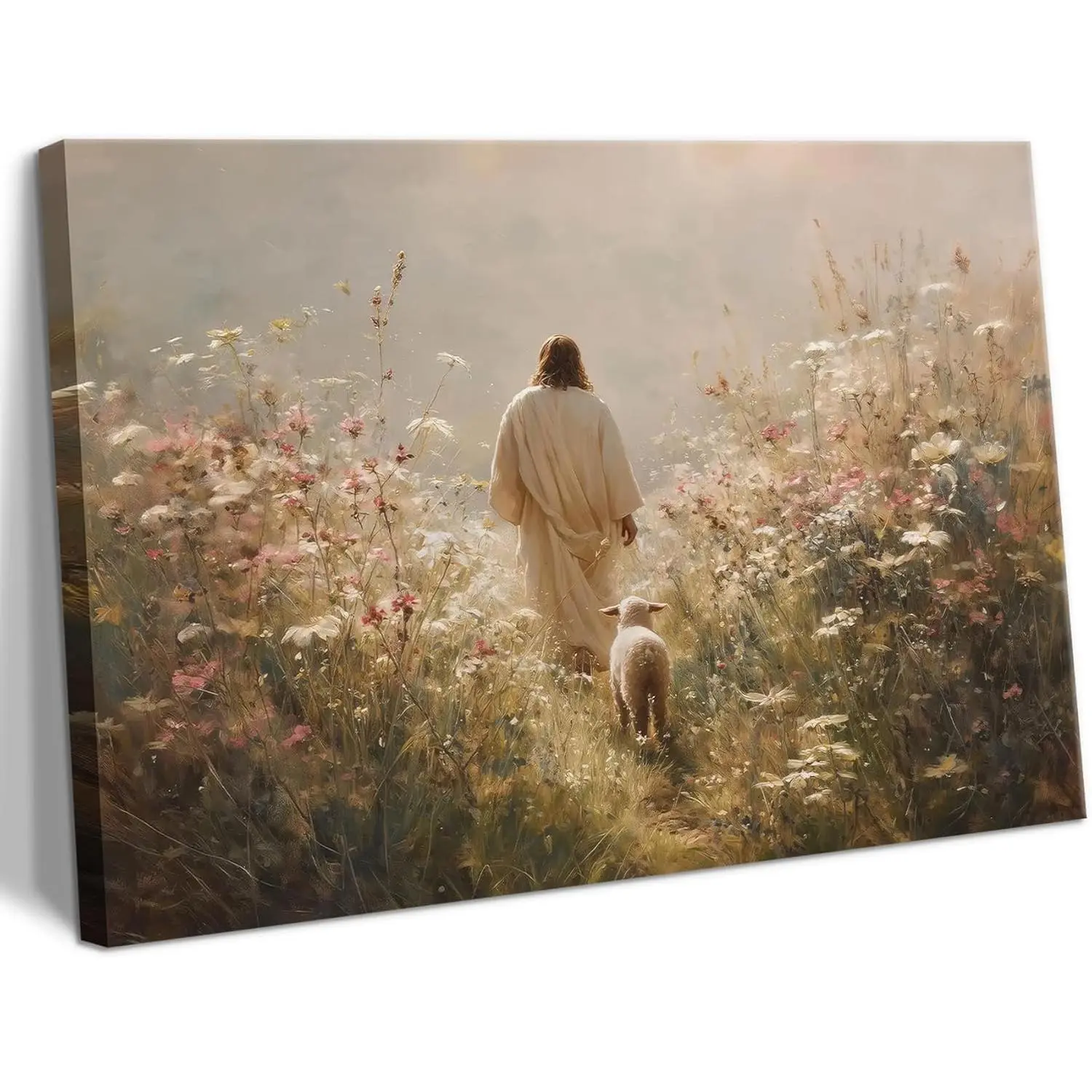 "The Good Shepherd" Jesus & Little Lamb Spring Meadow Christian Wall Poster Print - Artistic Waterproof Multi-Size Home Decor, 20x30in Frame-Compatible Item, Kid Room Religious Easter Gift with Polka Dot, Plaid, Houndstooth, Marble Accents, Creative Wall