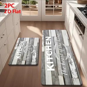 2/3pcs Soft Flannel Kitchen Mat Set, Anti-Slip, Absorbent, Rustic Wood Texture & Wheat Pattern, Home Decor