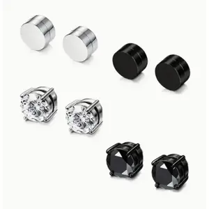 Magnetic Men's Perforated Ear Clips Fashion Style Zircon Magnetic Ear Clips Silver and Black Punk False Ear Clips