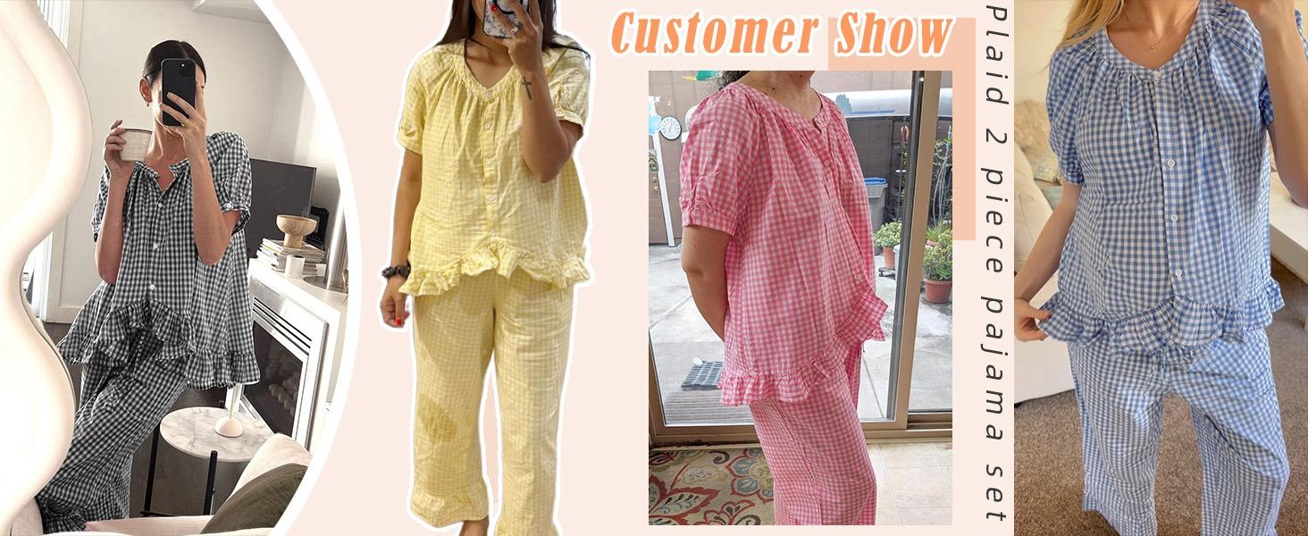 Loveimgs Women's Plaid Two-Piece Pajama Set (Short-Sleeve Babydoll Top + Long Pants) — Cute & Casual Loungewear