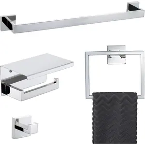 4- Bathroom Hardware Set Chrome Bath Towel Bar Holder Sets Wall Mounted Stainless Steel Square Bathroom Accessory Kit, Polished Chrome 23.6 Inch