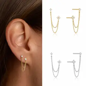Double tassel inlaid zircon earrings, double ear piercing jewelry for women and men, hypoallergenic personalized jewelry gift